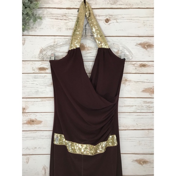 FORMAL DRESS WITH GOLD SHIMMER BELT & HALTER NECK - Picture 2 of 6